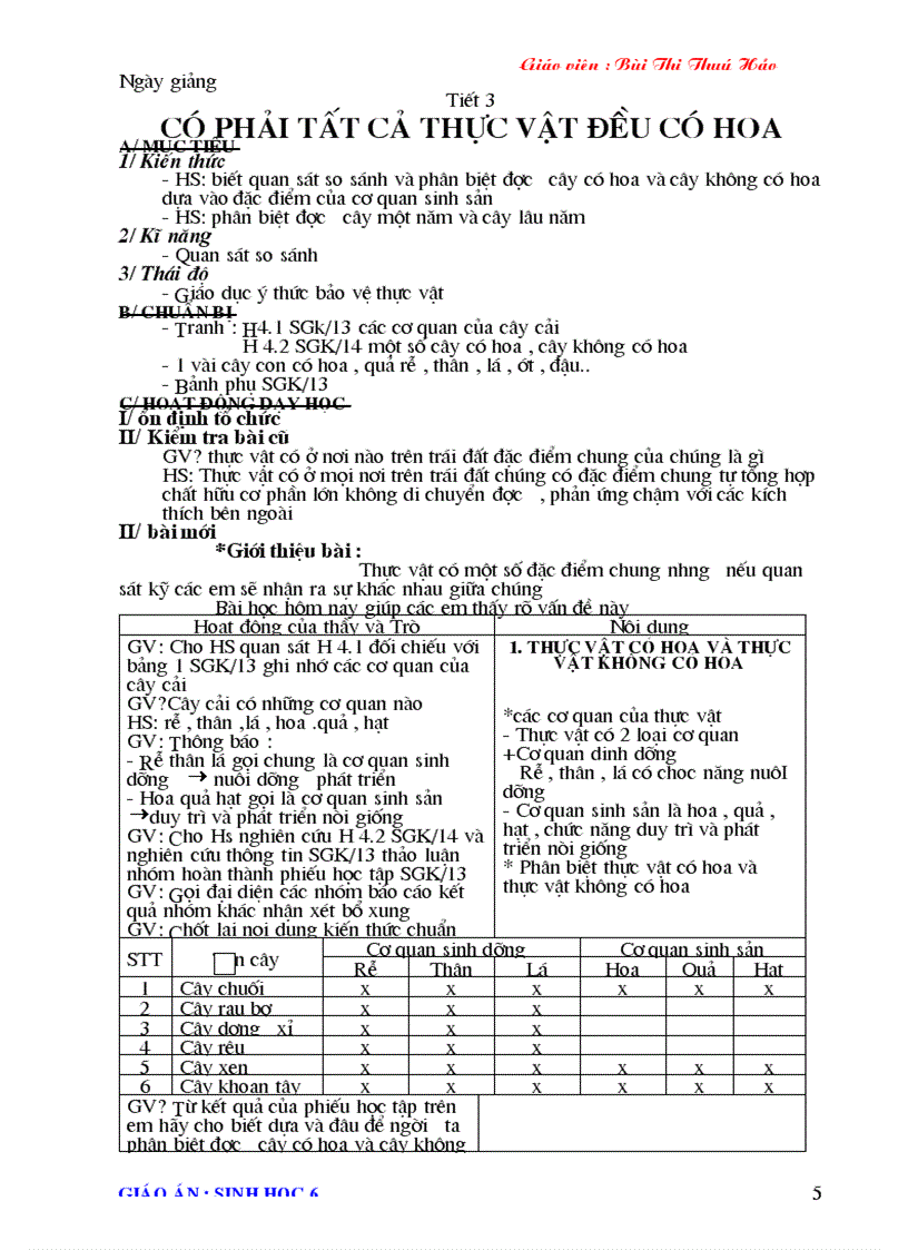 image for page Giao an Sinh hoc 6 2011 2012 Chuan KTKN