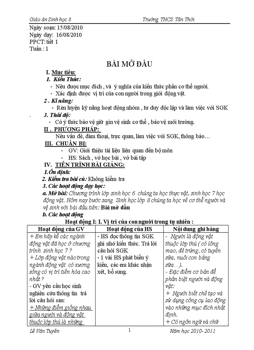 image for page Giáo án sinh học 8 tiết 1