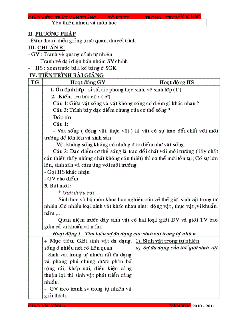 Giáo án Sinh học 6 2010 2011 1