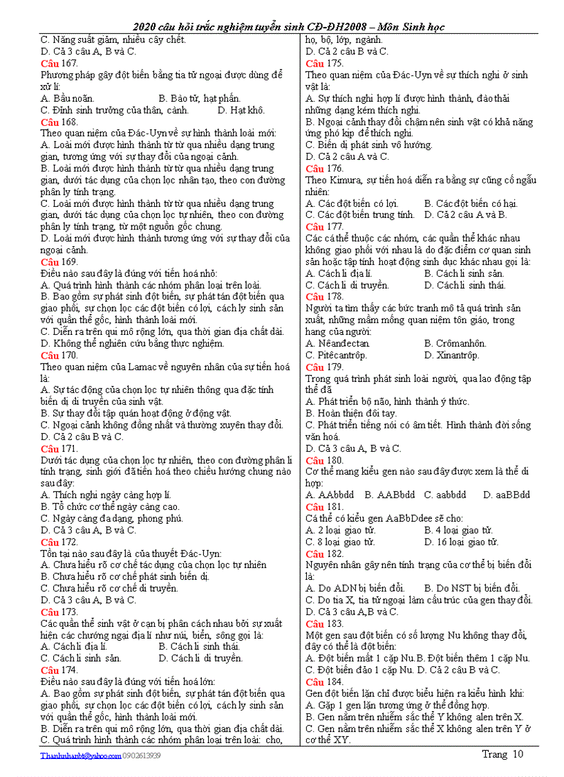 image for page 2020 Câu hỏi trắc nghiệm Sinh học