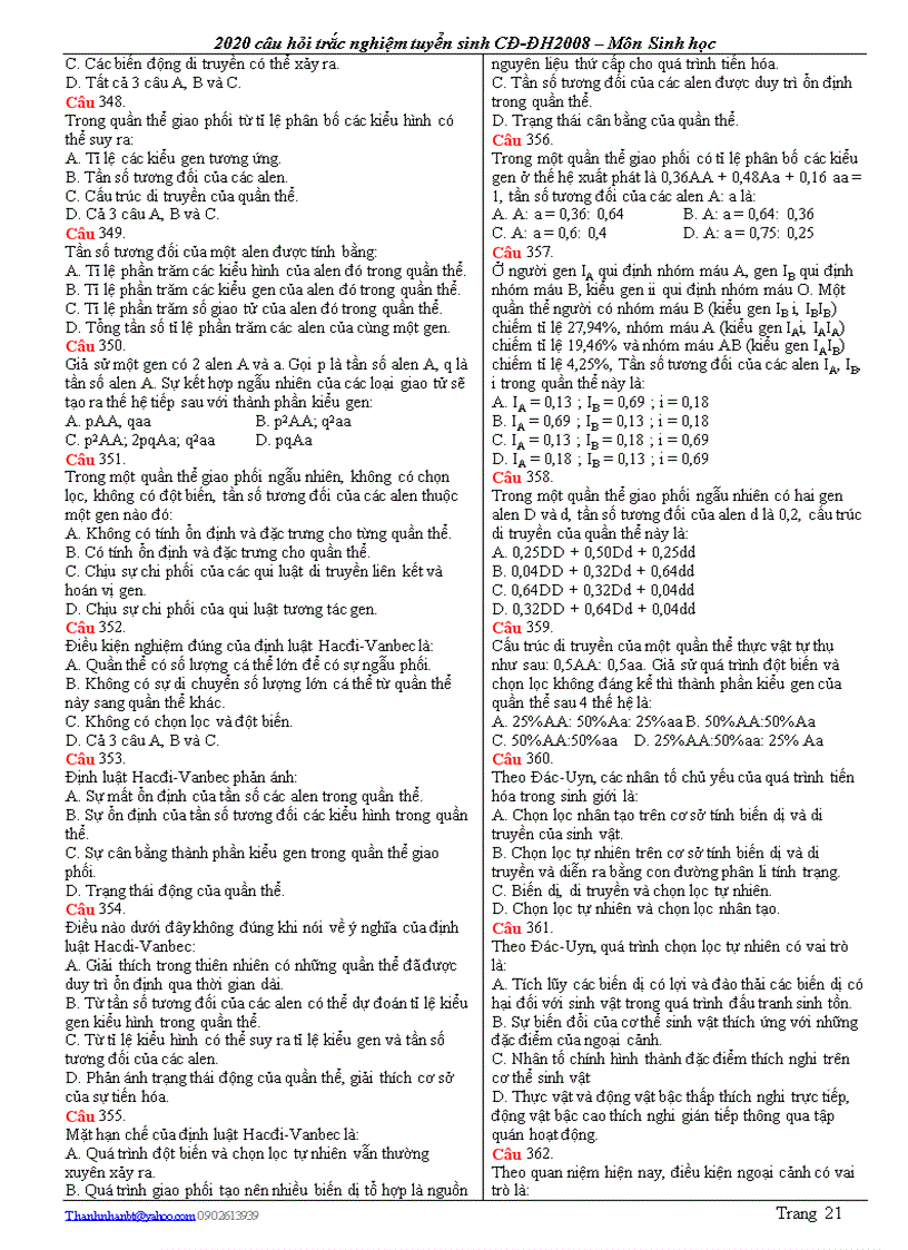 image for page 2020 Câu hỏi trắc nghiệm Sinh học