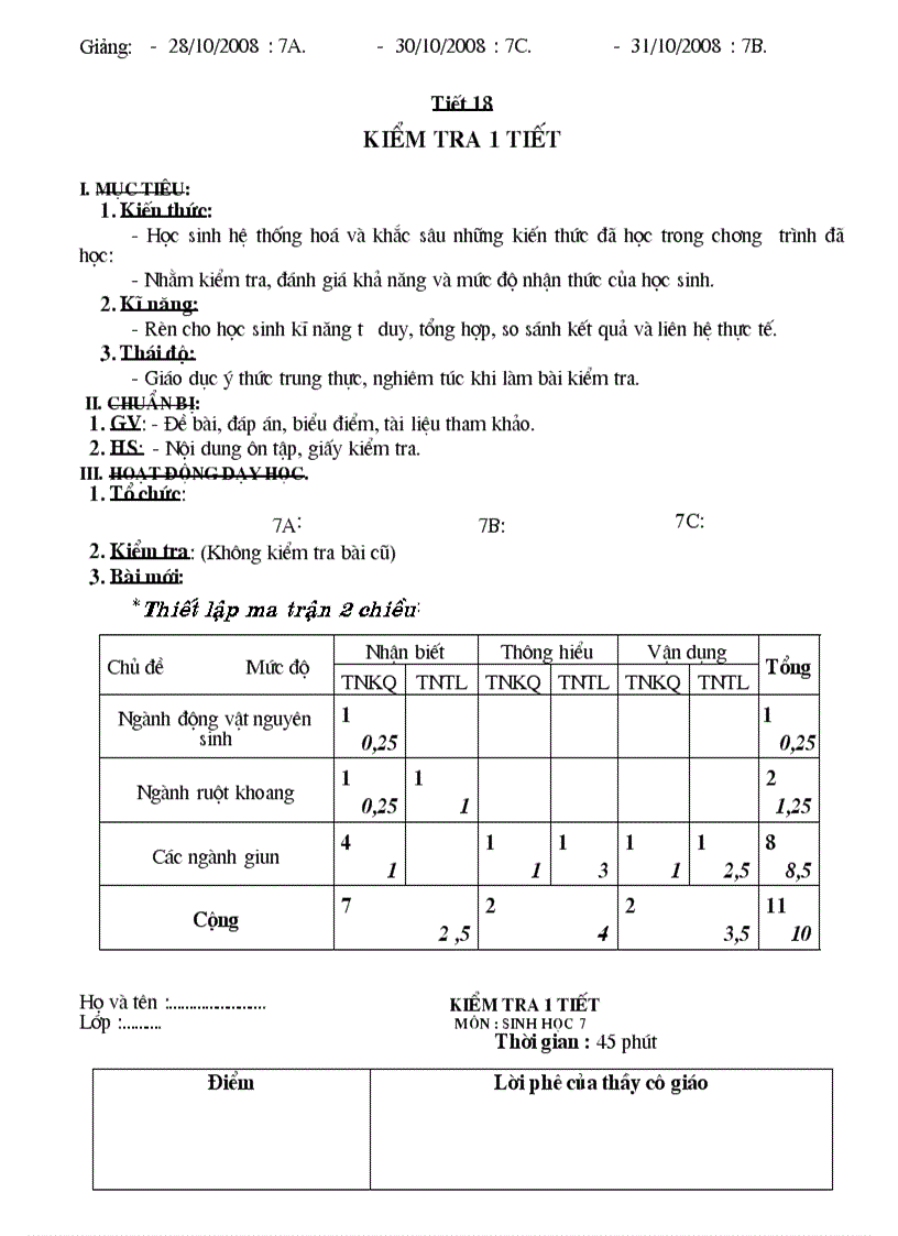 Đề kiểm tra 1 tiết học kì I Sinh 7 Có đáp án