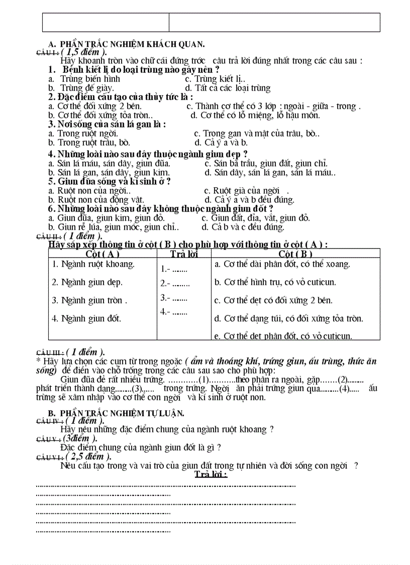 image for page Đề kiểm tra 1 tiết học kì I Sinh 7 Có đáp án