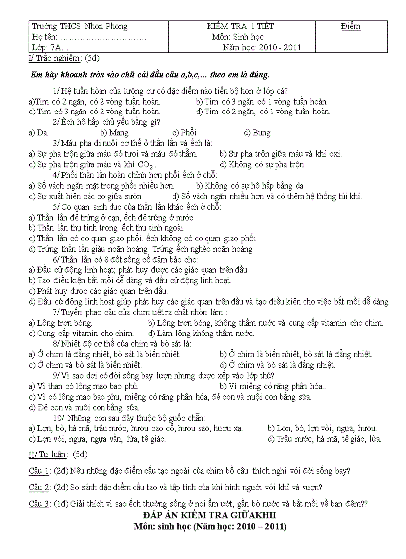 image for page Đề kiểm tra 1 tiết sinh 7 hk2