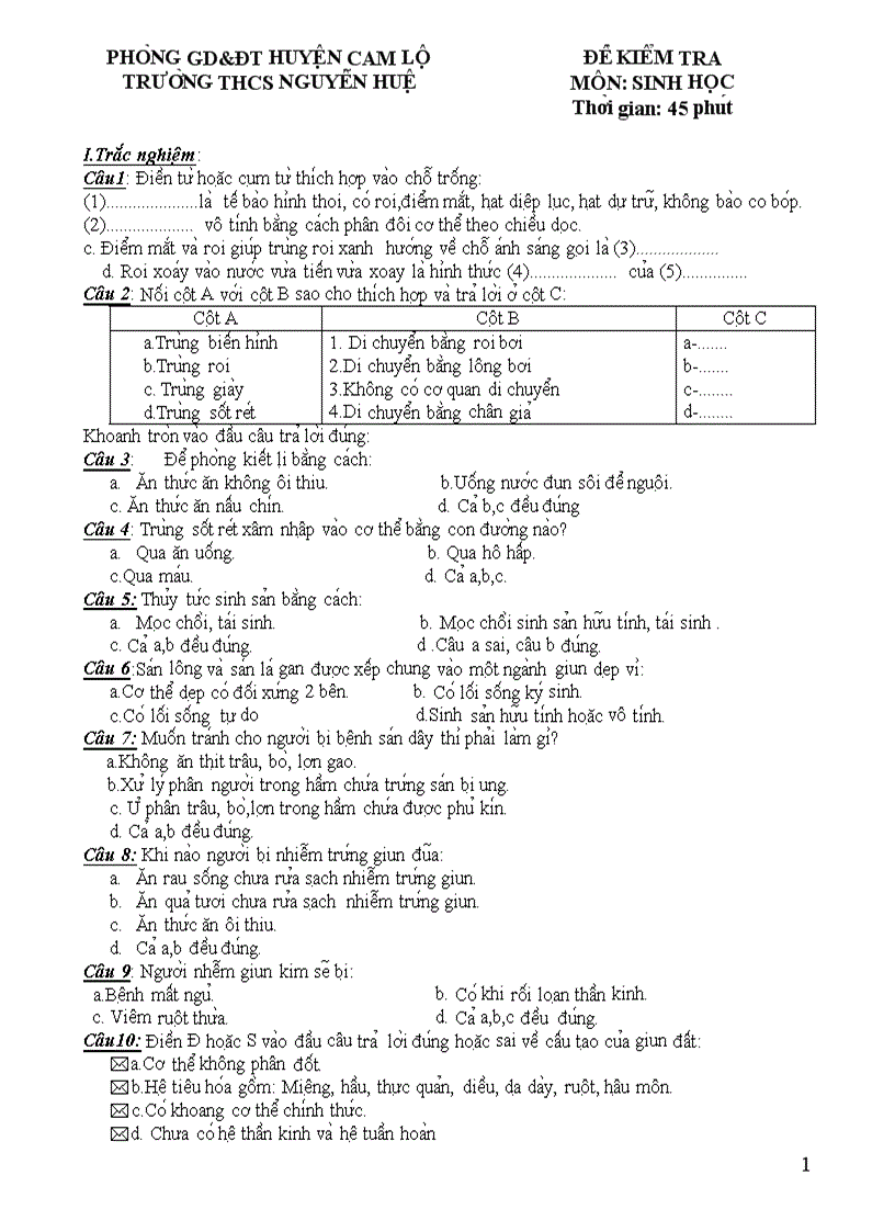 image for page Đè kiểm tra 1 tiết sinh 7 tiết 55