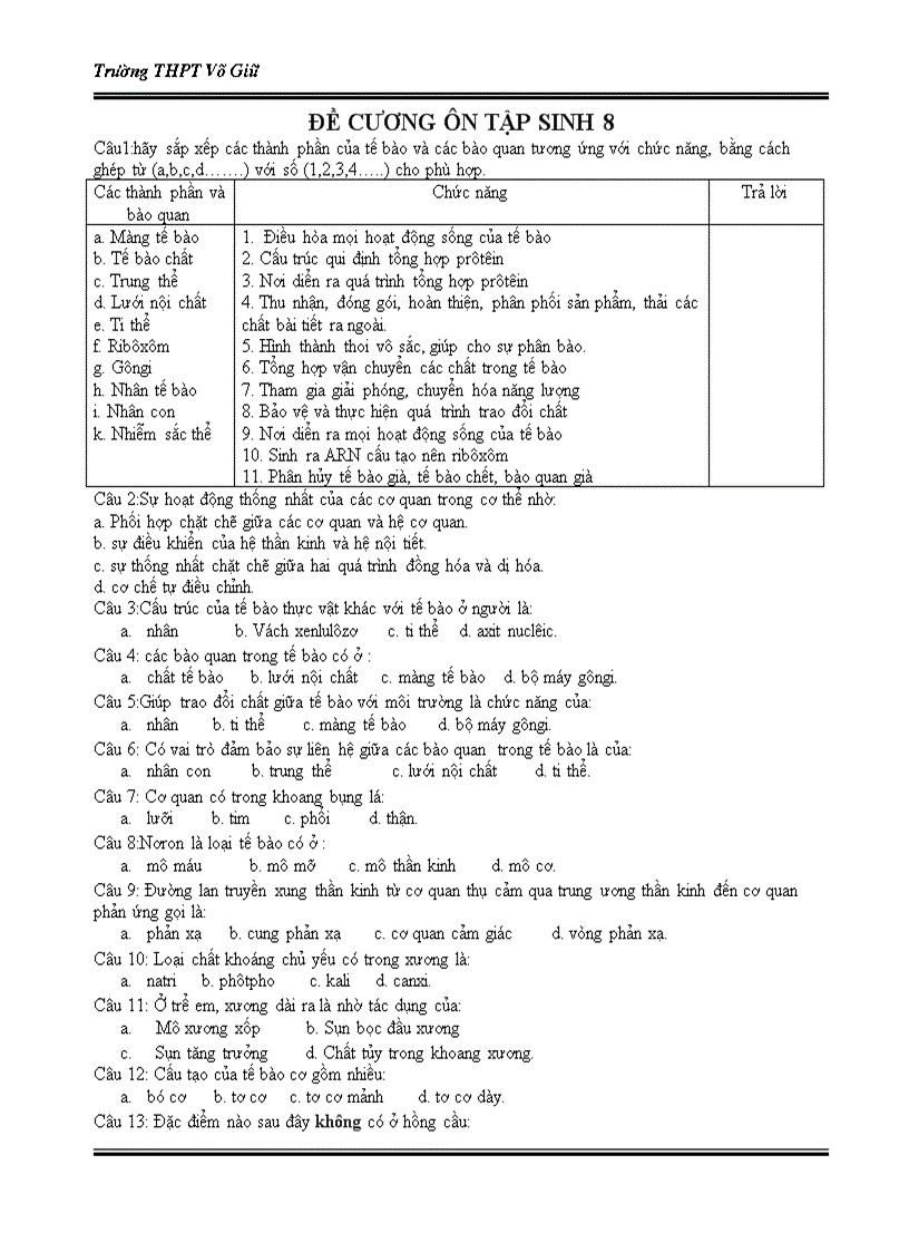 image for page Đề cương ôn tập học kỳ 1 Sinh học 8