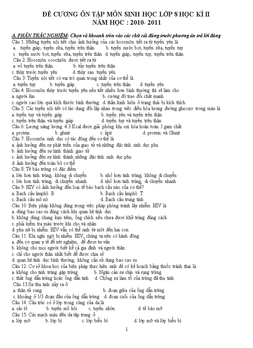 image for page Đề cương sinh học 8 HK II 2011