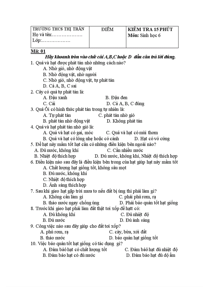 image for page Đề kiểm tra 15 phút sinh 6 kì II