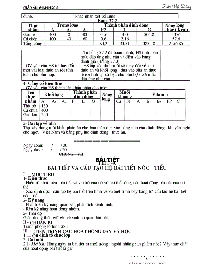 Giáo án Sinh 8 HKII đầy đủ