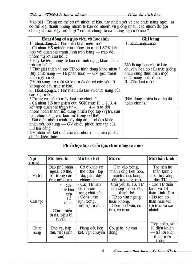 Giáo án Sinh 8 trọn bộ 1