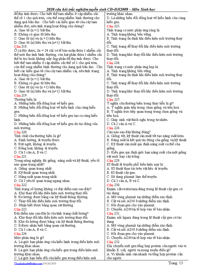 image for page 2020 Câu hỏi trắc nghiệm Sinh học