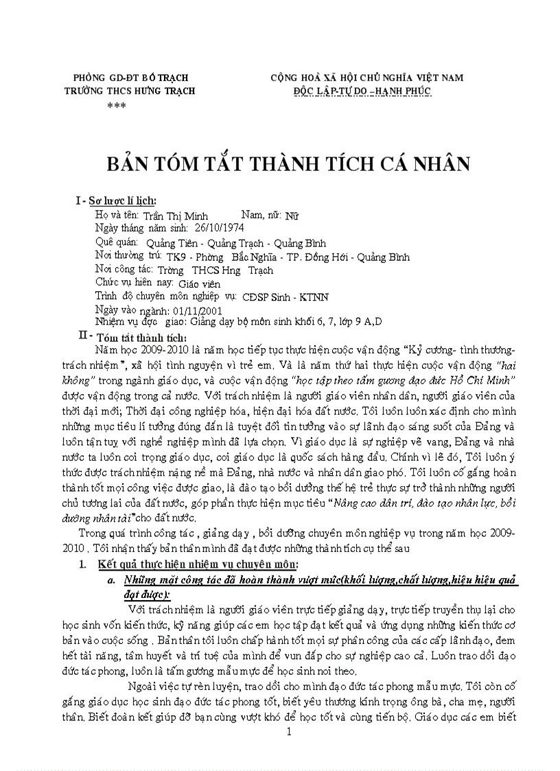 Báo cáo thành tích cá nhân cuối năm