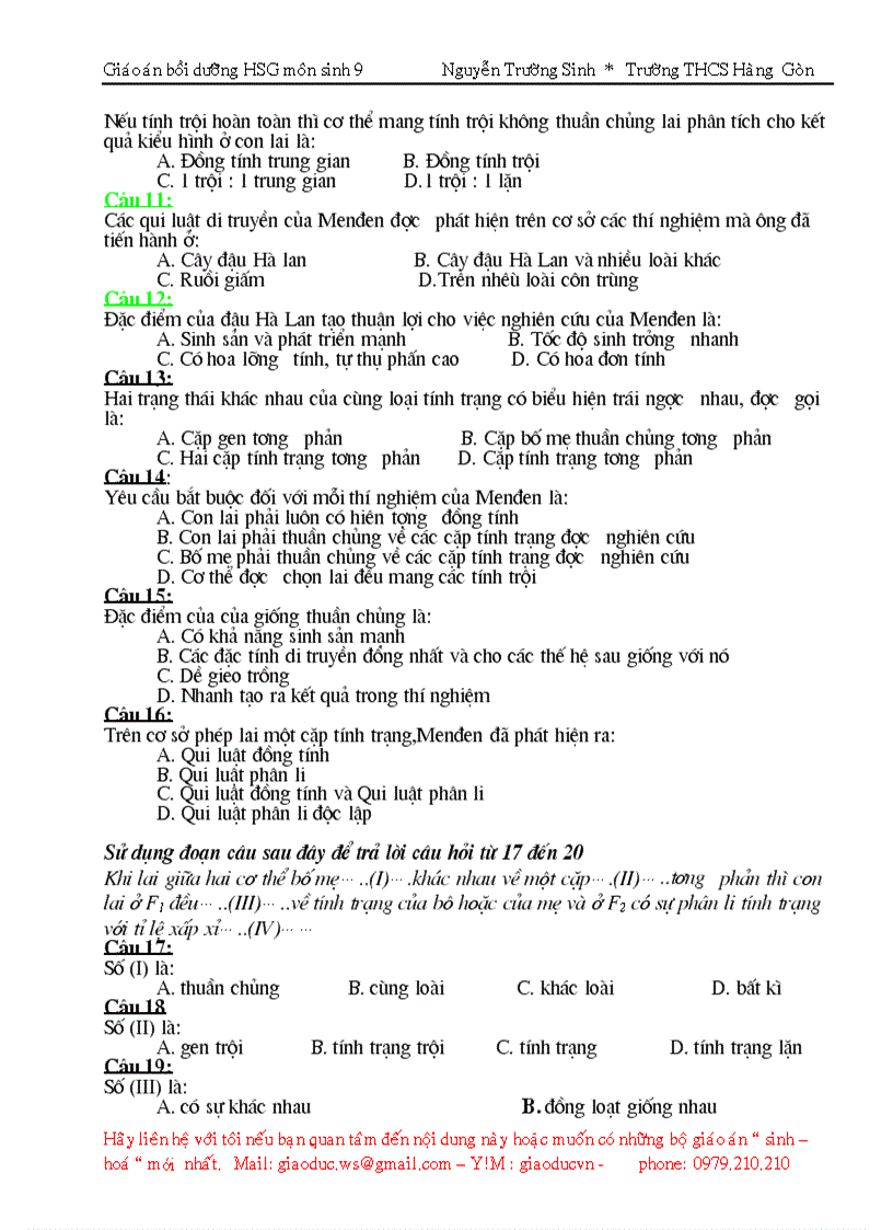 image for page Giáo án bồi dưỡng Học sinh giỏi môn sinh 9 2009