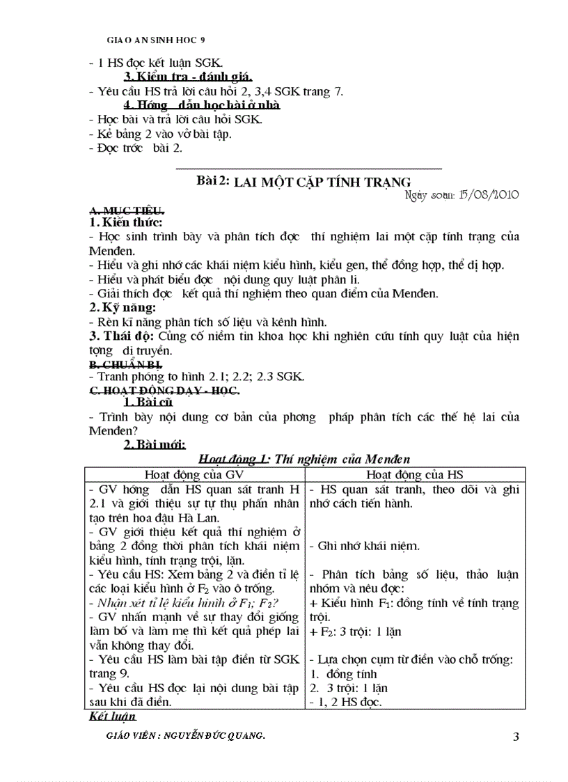 image for page Giao an sinh 9 2 cot 70 tỉet