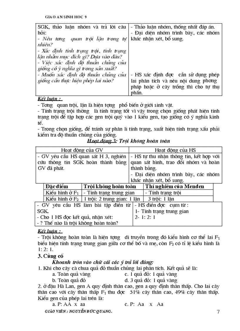 image for page Giao an sinh 9 2 cot 70 tỉet