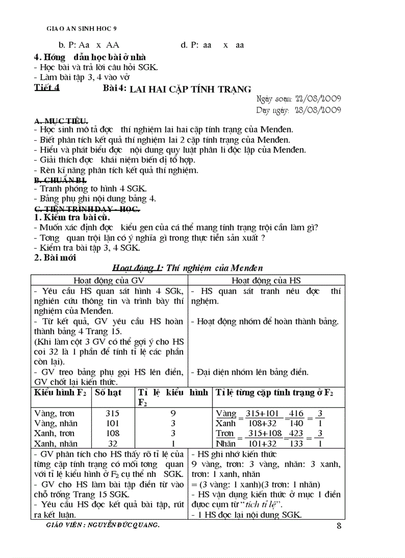 image for page Giao an sinh 9 2 cot 70 tỉet