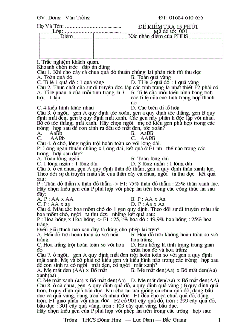 image for page Kiểm tra 15 phút sinh học 9 trắc nghiệm