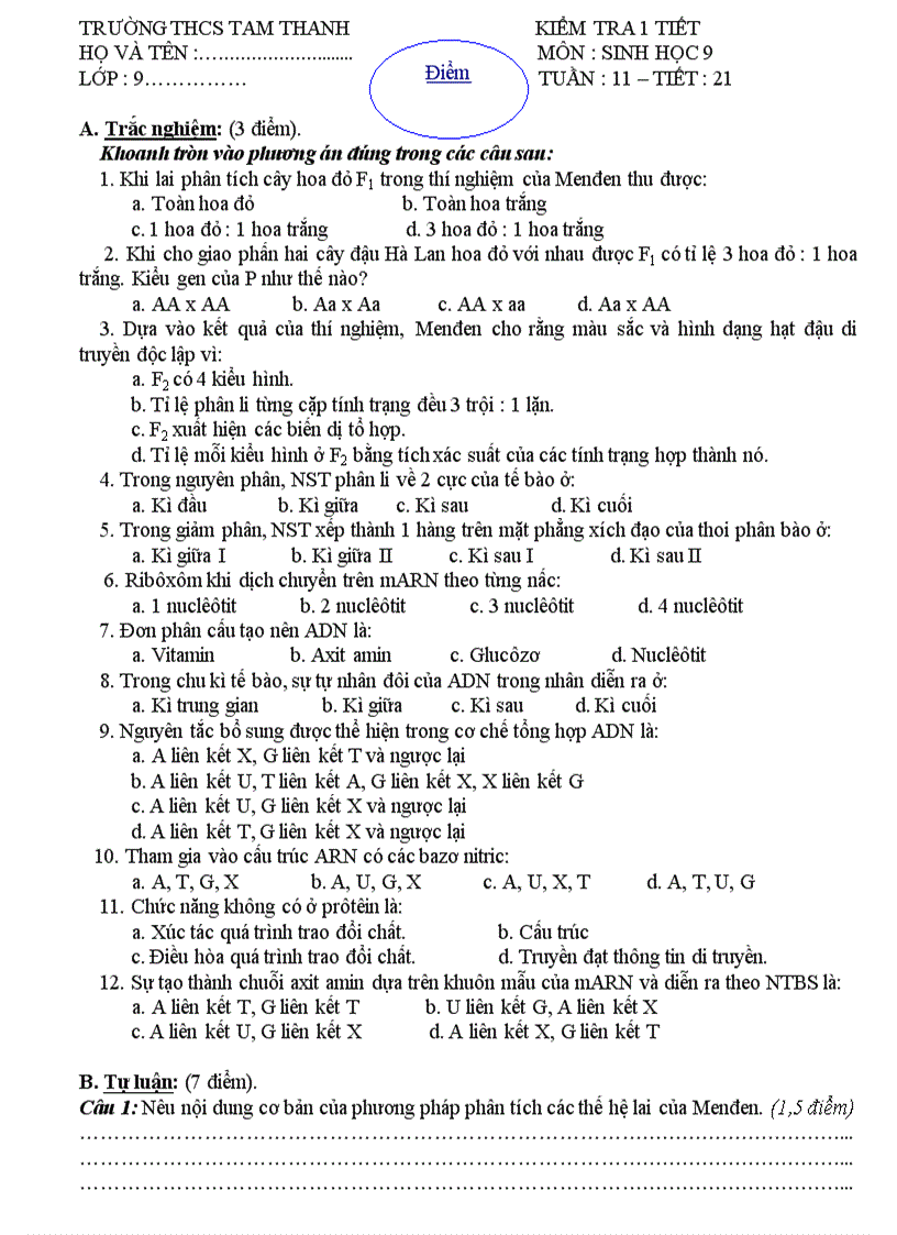 image for page Sinh 9 Tuần 11 tiết 21