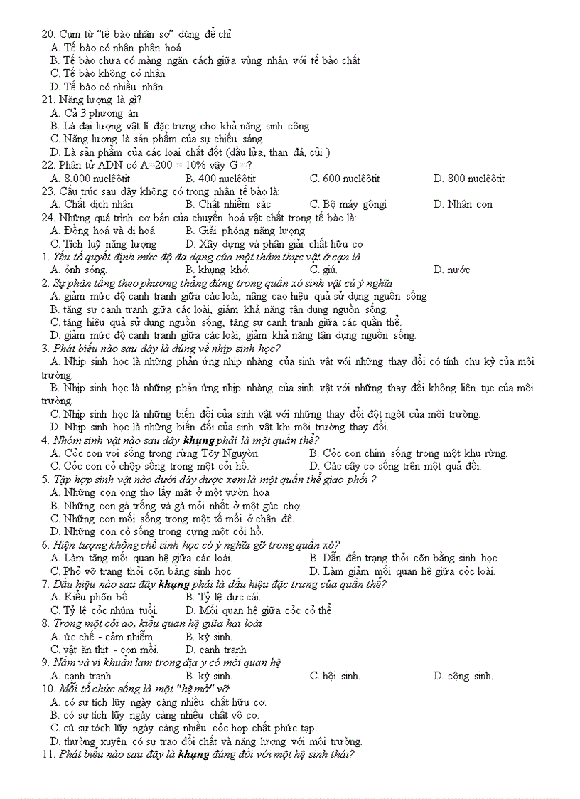 image for page Câu hỏi ôn tập Sinh 10 HKII