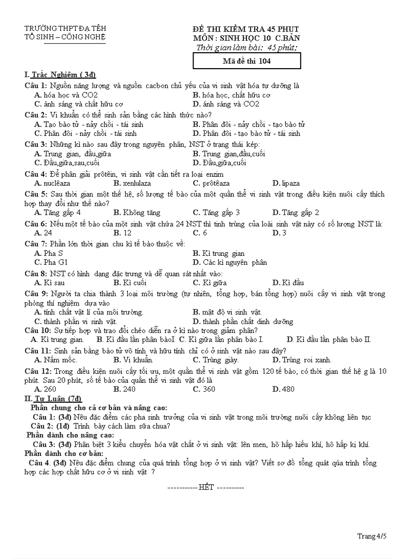 image for page Đề đáp án kiểm tra 1 tiết học kì ii 30 trắc nghiệm 70 tự luận 4 đề trộn