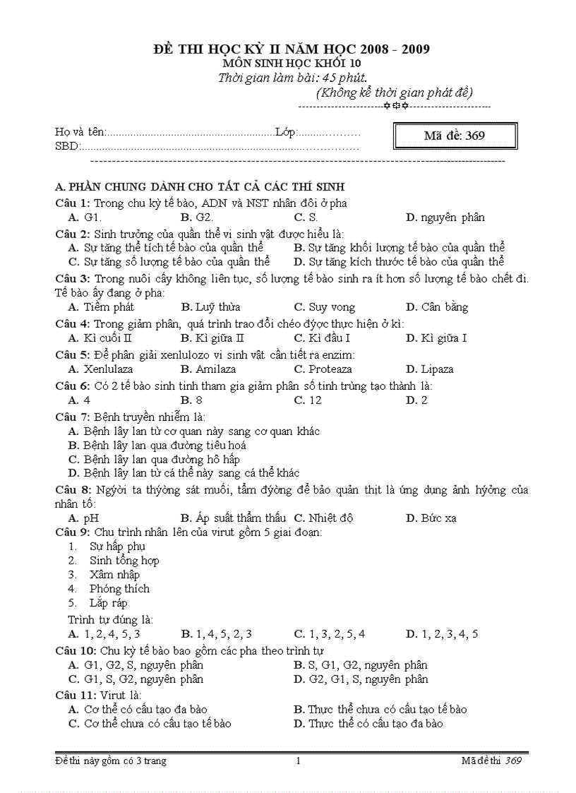 image for page Đề KT Sinh 10 HK II 10