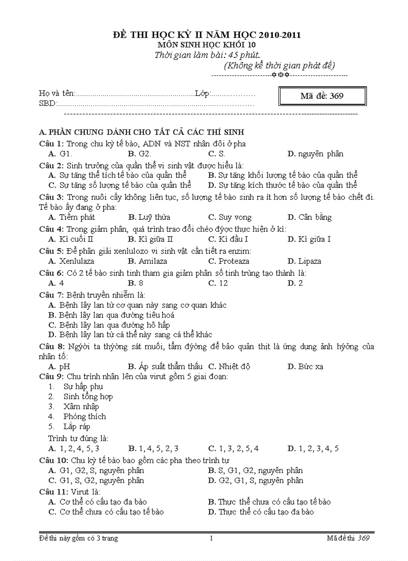image for page Đề Sinh 10 KT HK II số 10