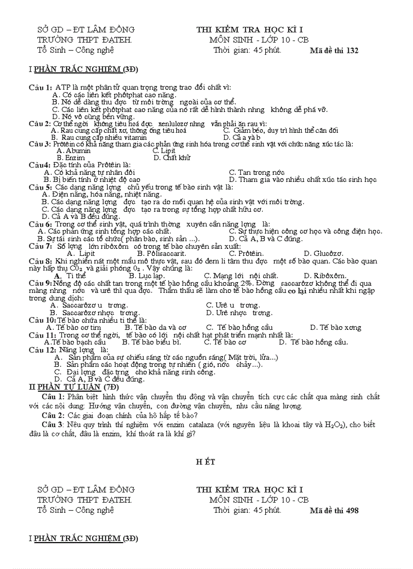 image for page Đề thi học kì i sinh 10 30 trắn nghiệm 70 tự luận đã trôn 4 đề