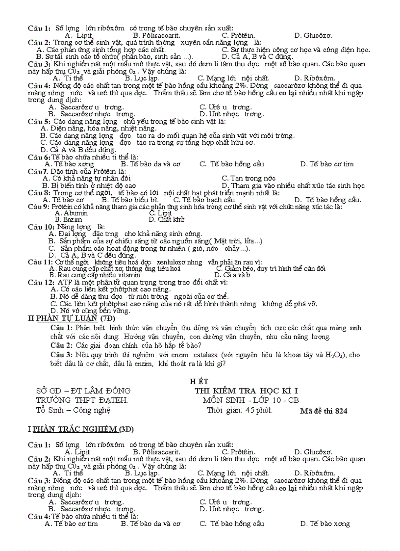image for page Đề thi học kì i sinh 10 30 trắn nghiệm 70 tự luận đã trôn 4 đề