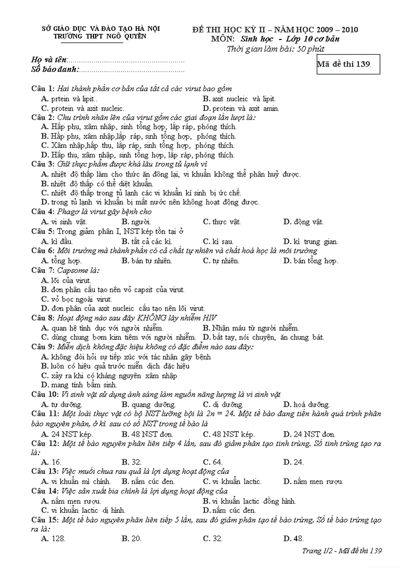 image for page Đề thi học kỳ II môn Sinh học 10 đã trộn 4 đề