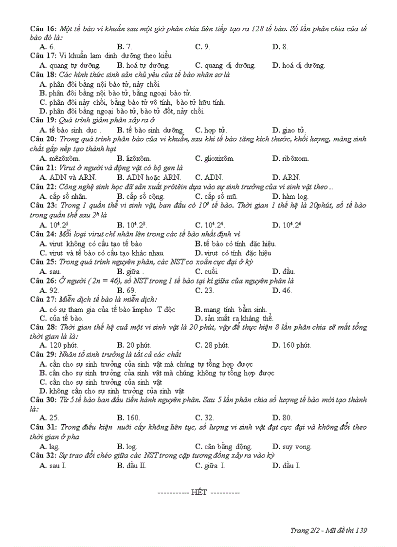 image for page Đề thi học kỳ II môn Sinh học 10 đã trộn 4 đề