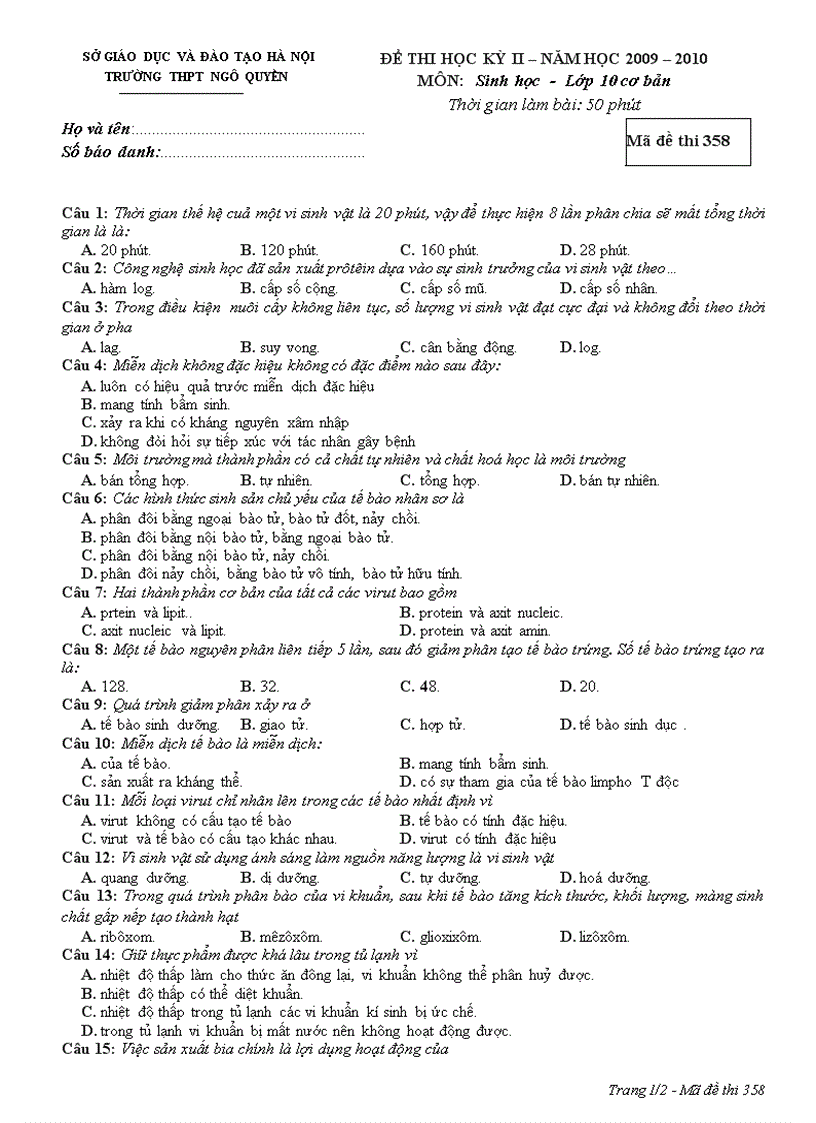 image for page Đề thi học kỳ II môn Sinh học 10 đã trộn 4 đề