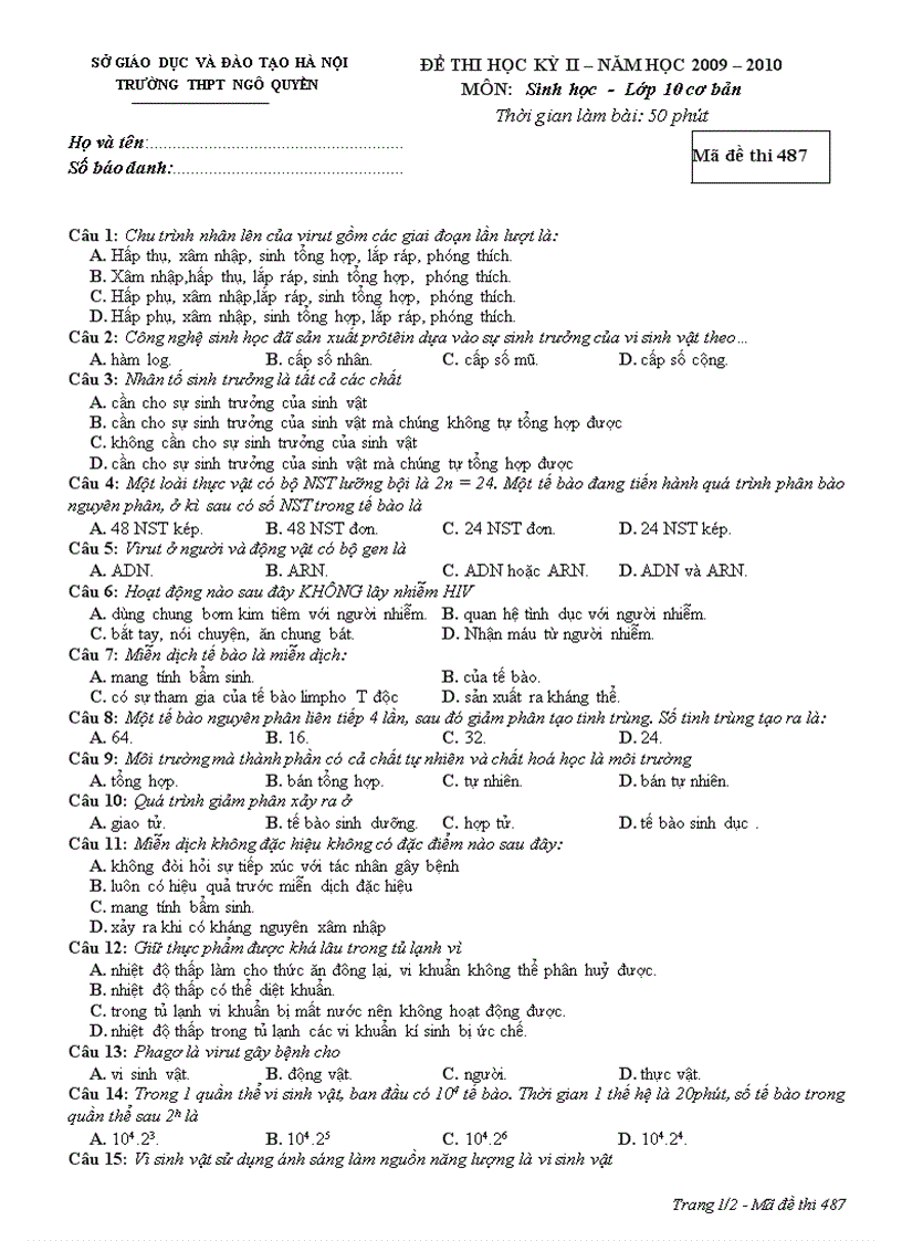 image for page Đề thi học kỳ II môn Sinh học 10 đã trộn 4 đề