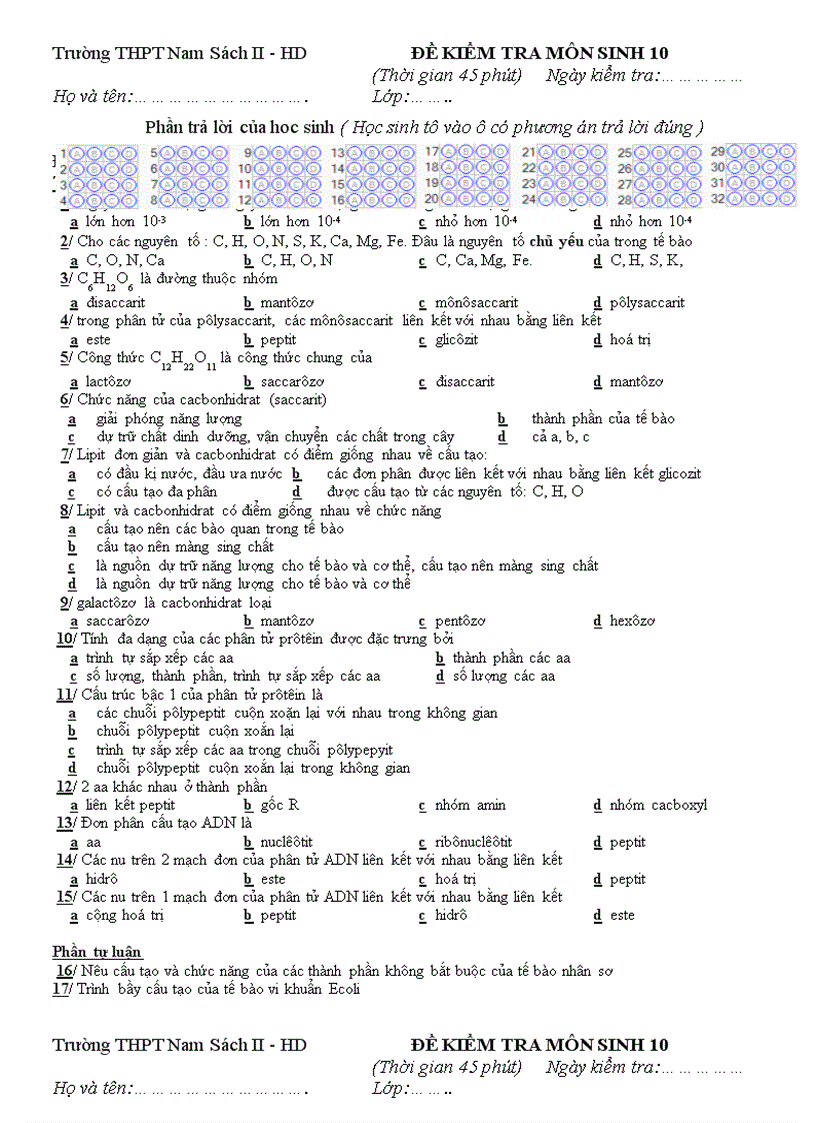 He thong de kiem tra trac nghiem 1 tiet Sinh 10 1