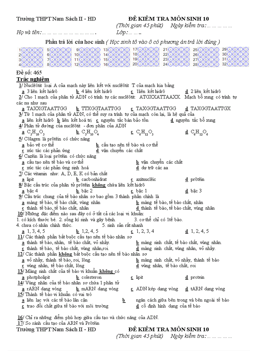 He thong de kiem tra trac nghiem 1 tiet Sinh 10 2