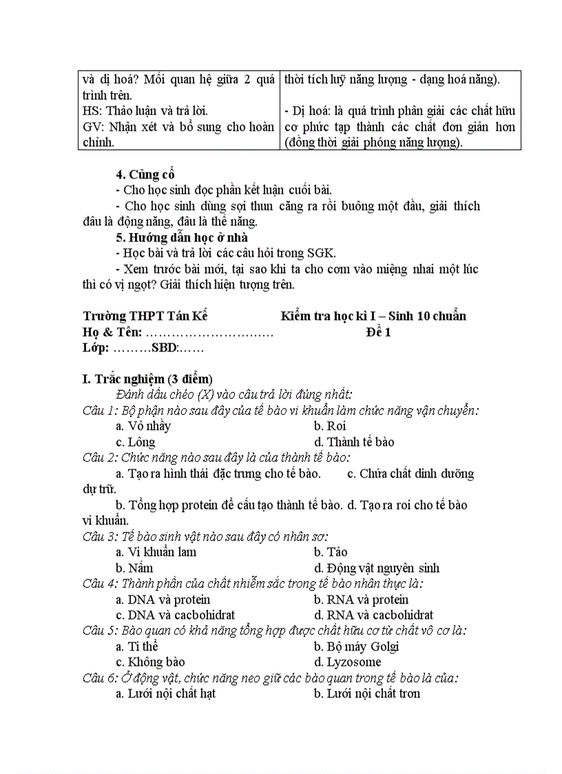 image for page Khái quát về chuyển hóa vật chất và năng lượng đề thi HKI sinh 10