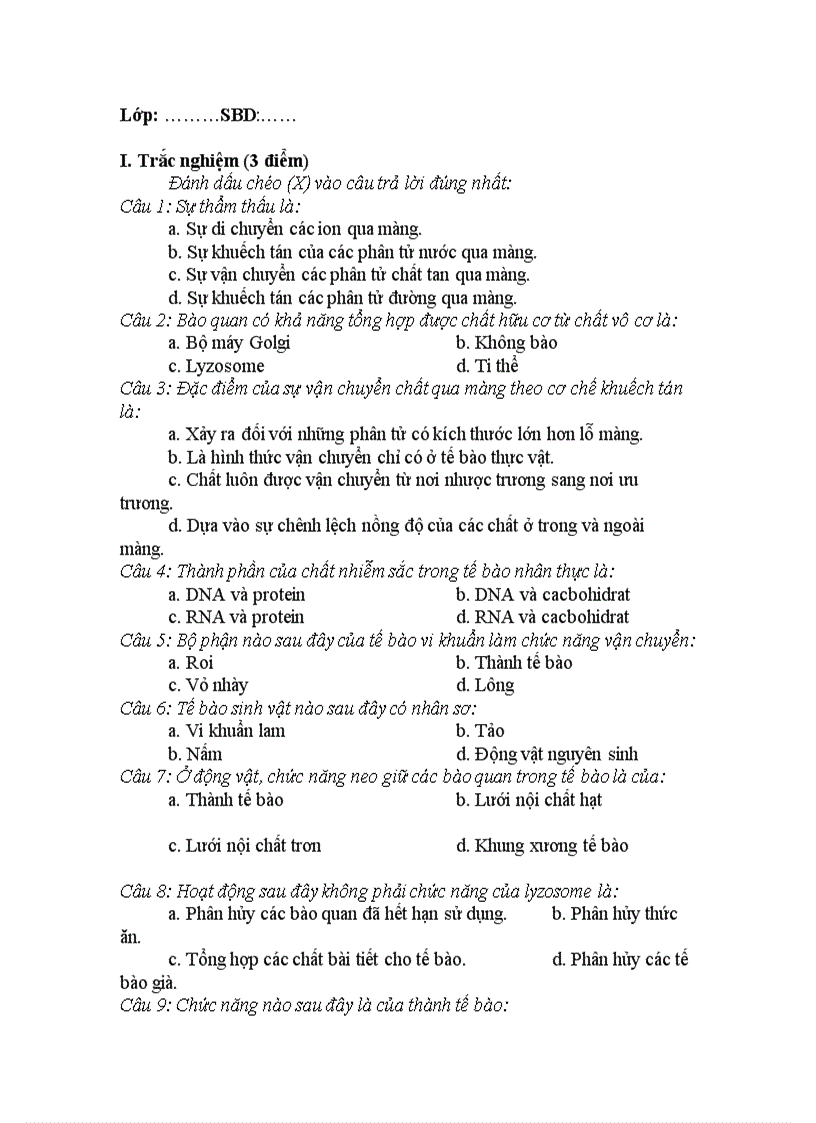 image for page Khái quát về chuyển hóa vật chất và năng lượng đề thi HKI sinh 10