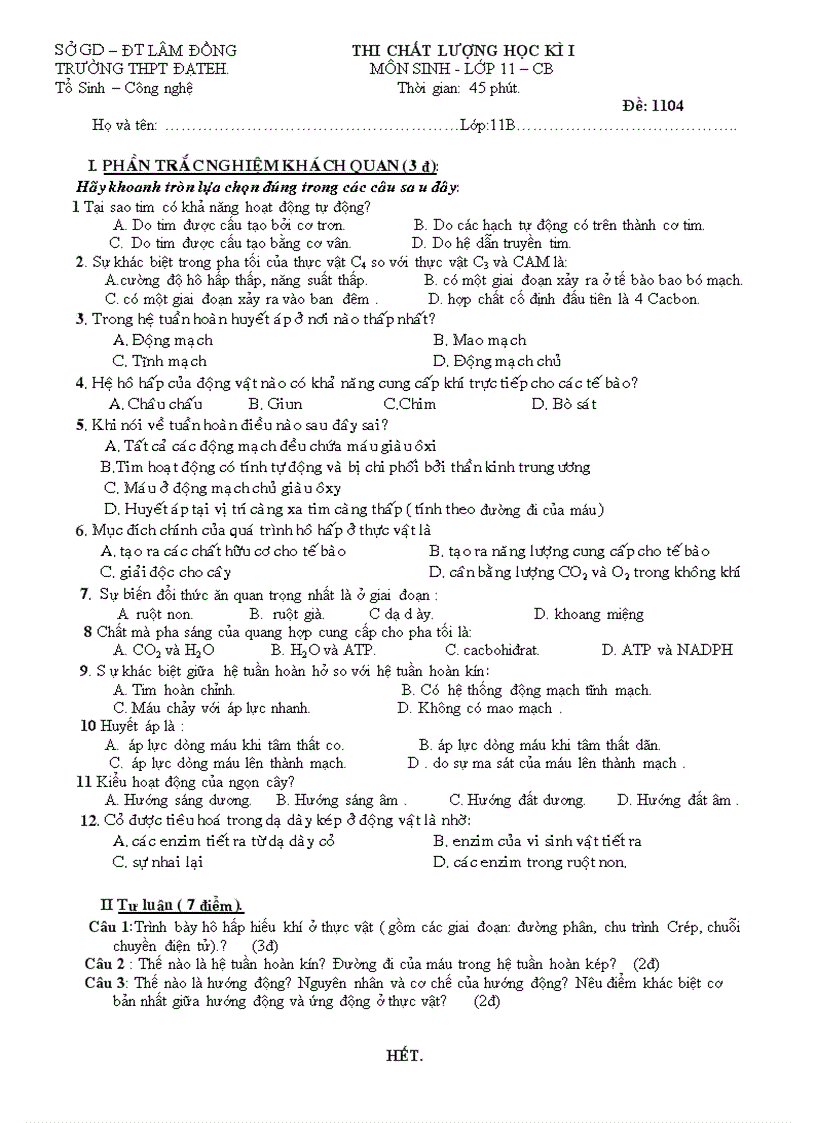 image for page Thi hoc kì I 30 TN 70 tự luận có đáp án