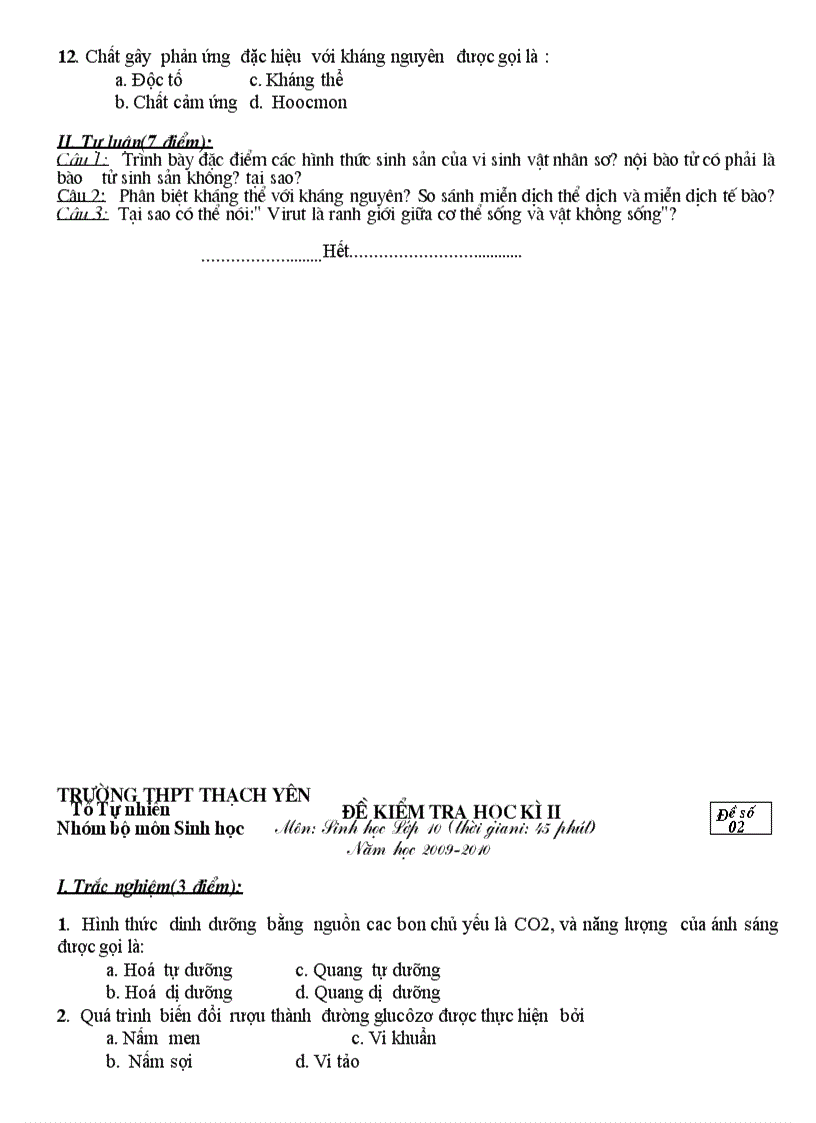 image for page De KT HK II sinh hoc 10 11 co dap an cuc chuan