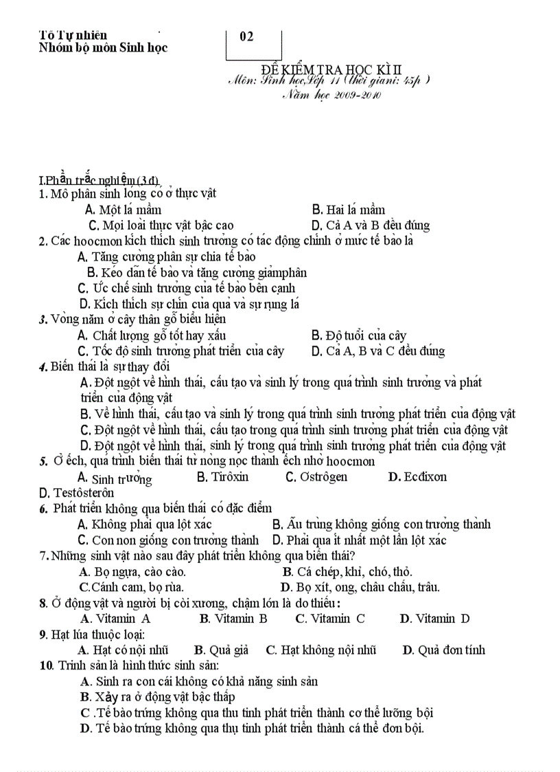 image for page De KT HK II sinh hoc 10 11 co dap an cuc chuan