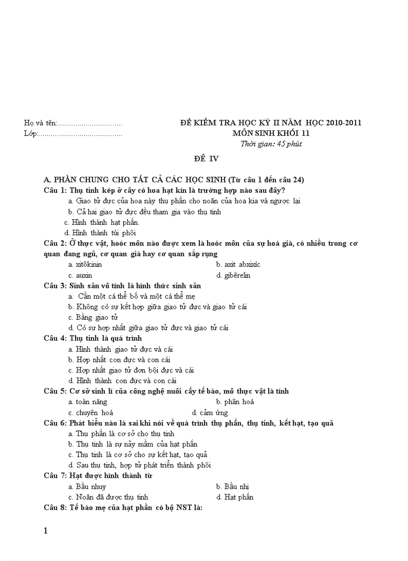 image for page Đề Sinh 11 KT HK II số 11