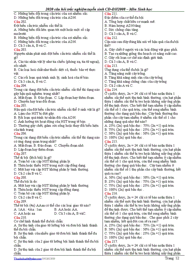 image for page 2020 Câu hỏi trắc nghiệm Sinh học