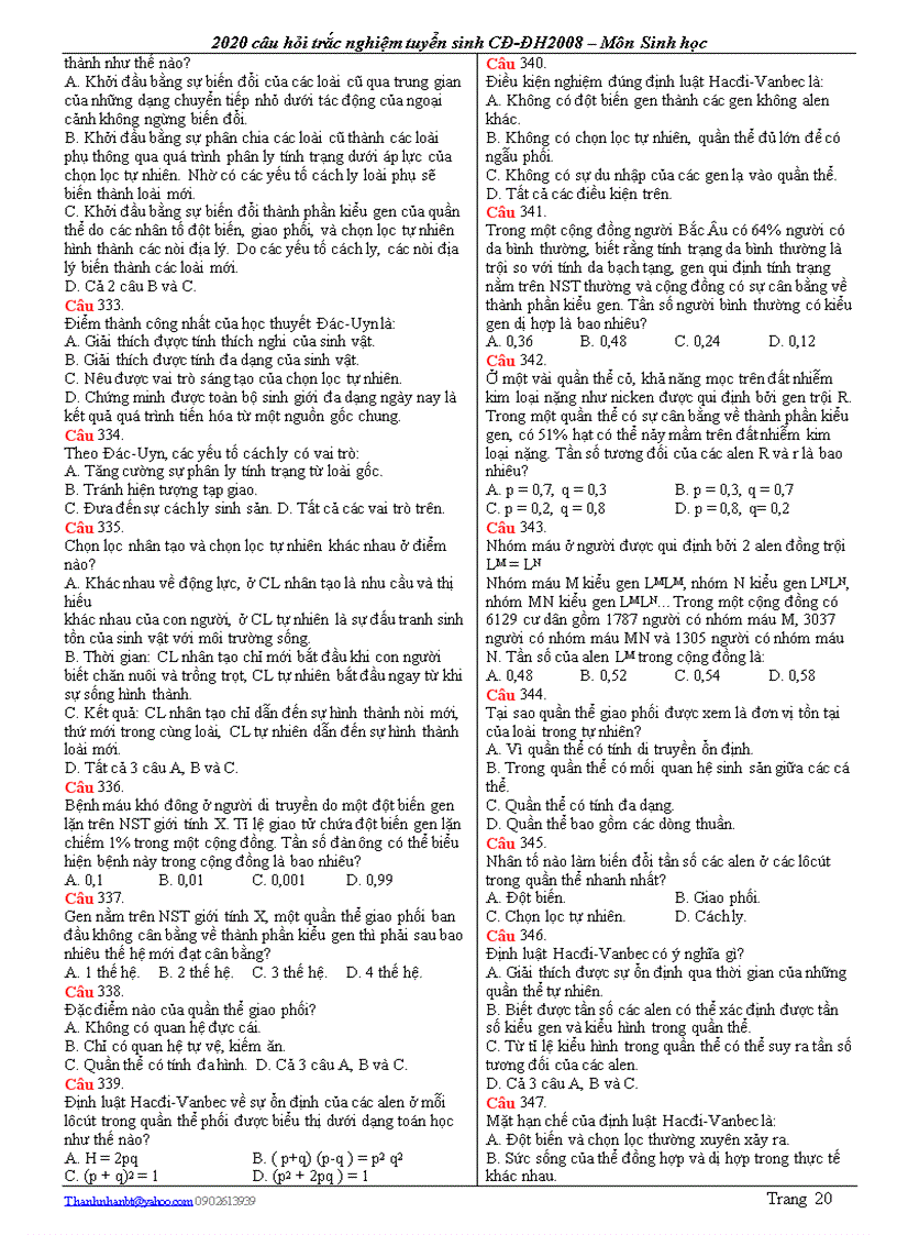image for page 2020 Câu hỏi trắc nghiệm Sinh học