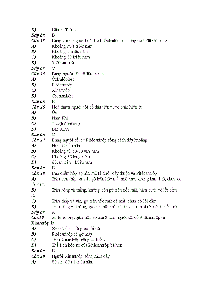 image for page 73 câu trăc nghiệm có Đáp án phần Sự phát sinh loài người