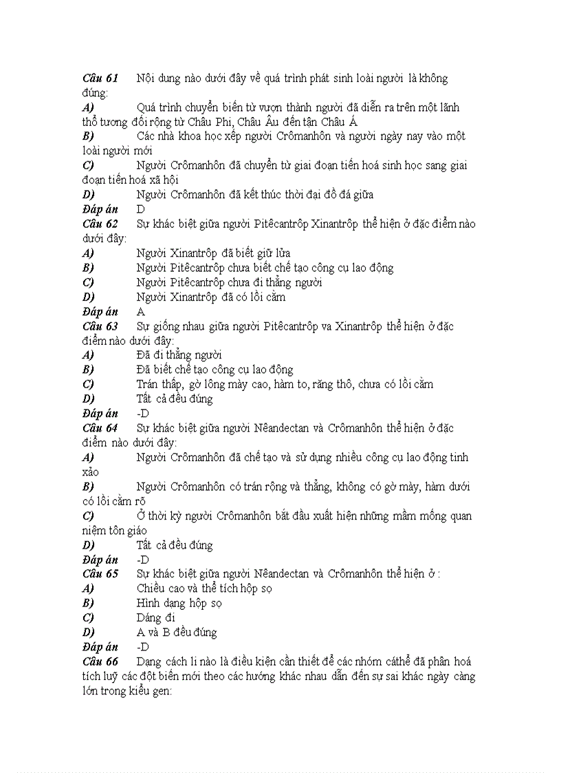 image for page 73 câu trăc nghiệm có Đáp án phần Sự phát sinh loài người