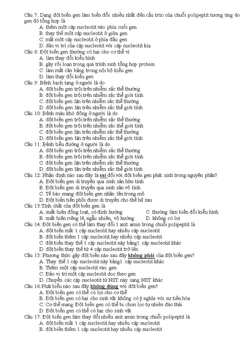 image for page Bộ câu hỏi trắc nghiệm Sinh học 12 HKI