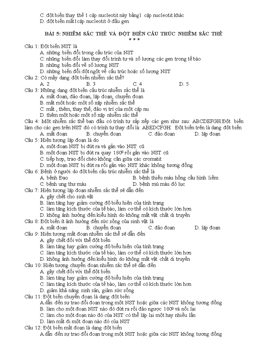 image for page Bộ câu hỏi trắc nghiệm Sinh học 12 HKI