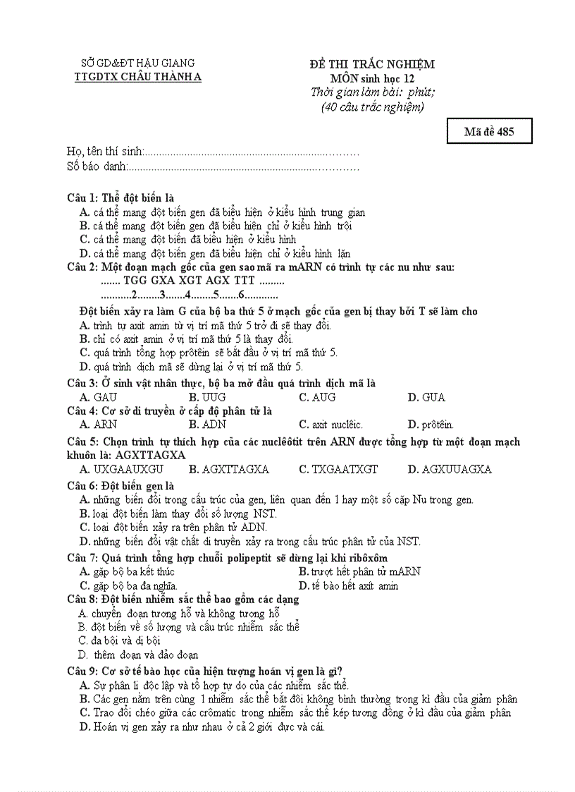 image for page Bộ đề kiểm tra 1 tiết sh12 GDTX