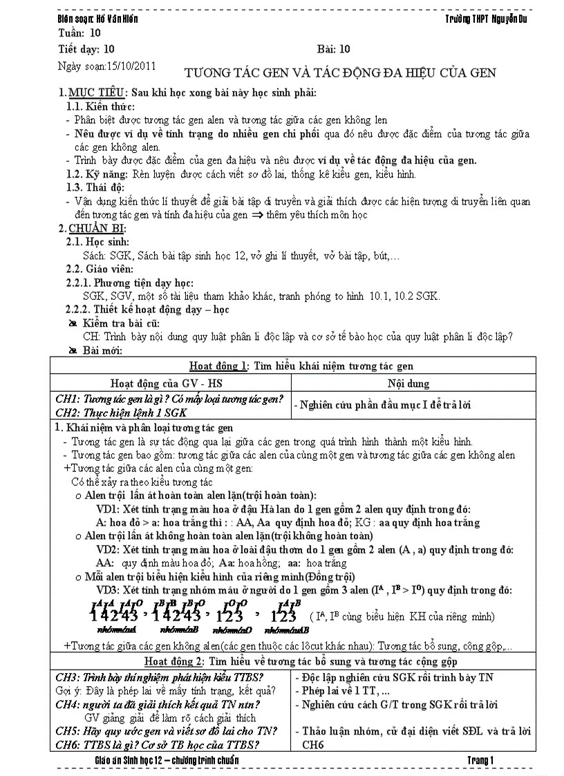 image for page Bài 10 Tương tác gen và tác động đa hiệu của gen 1