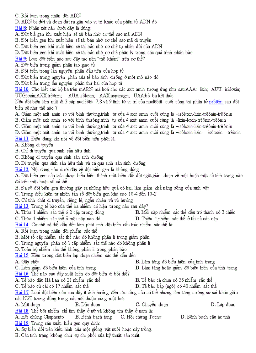 image for page Câu hỏi trắc nghiệm phần biến dị