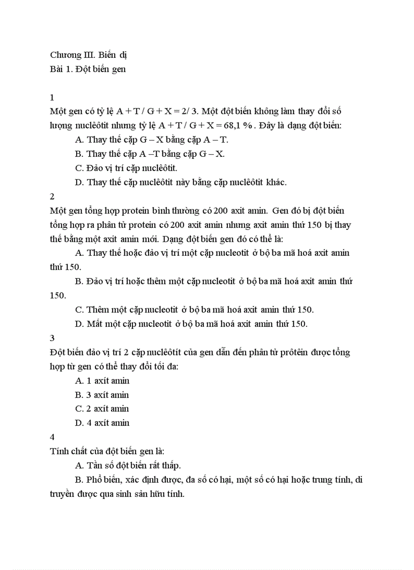 image for page Câu hỏi Trắc nghiệm theo từng bài trong SGK lớp 12 Phần Cơ sở Di truyền học